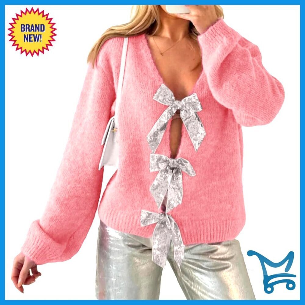 Bow Detail Cardigan Open Front Knit Sweater Chic Layering Piece Fall Winter